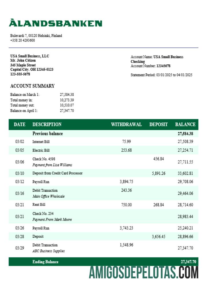 Imprimível Aland Bank Firm modelo de extrato de conta Word e PDF